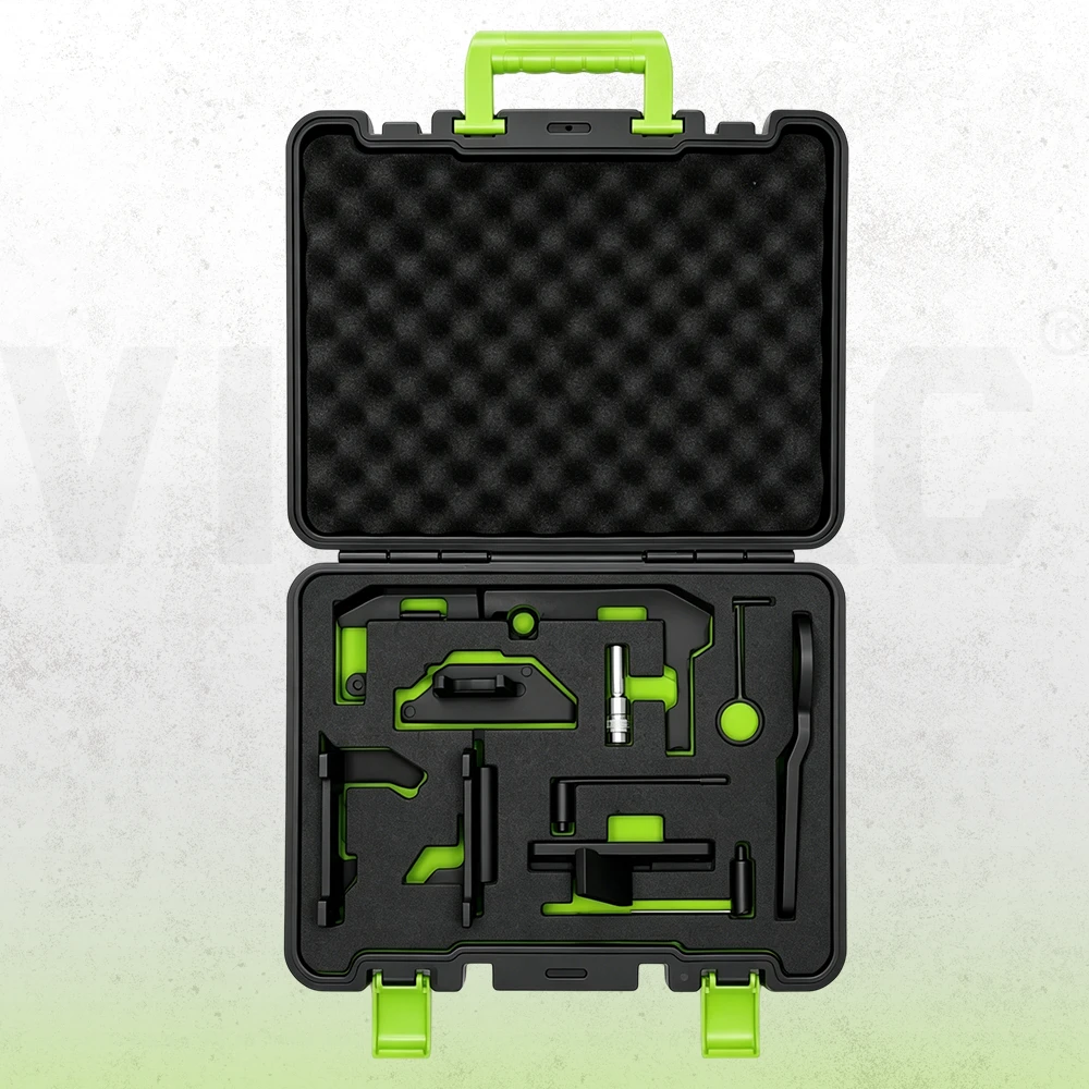 VIKTEC camshaft and crankshaft timing tool set with spark plug sleeve for Peugeot and Citroen EB0 and EB2 petrol engines in a fitted carrying case.