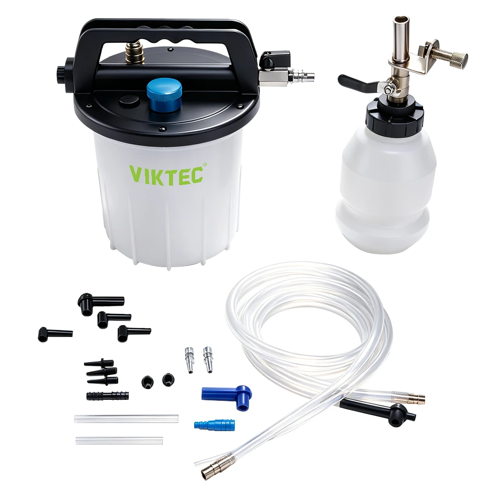 Pneumatic Brake Fluid Extractor and Refill Bleeder Tool 1 VIKTEC pneumatic brake fluid extractor and refill tool with reservoir bottle hoses and adapters for brake bleeding and fluid replacement