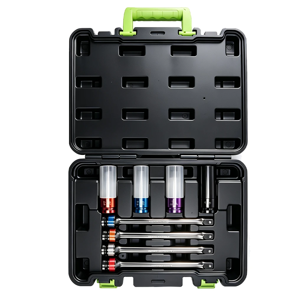 Juego de llaves dinamométricas para ruedas VIKTEC con vasos protegidos codificados por color para un apriete controlado de las tuercas de rueda de automoción
