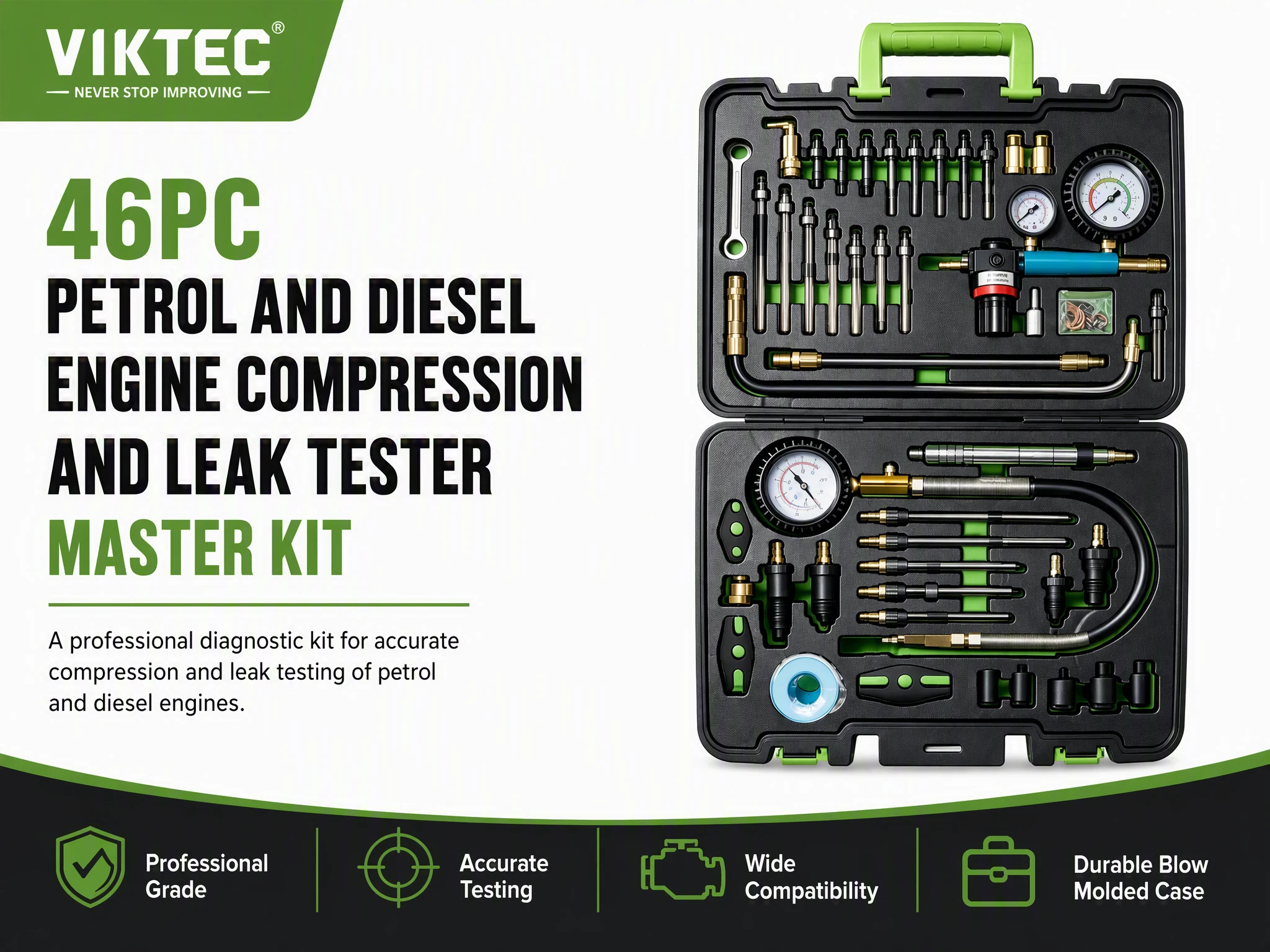 VIKTEC professional 46PC petrol and diesel engine compression leak tester kit for accurate engine pressure and leakage diagnosis with wide vehicle compatibility
