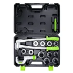 VIKTEC VT17378B professional brake pipe flaring tool kit with interchangeable dies, tube cutter and deburring tool for automotive brake line service.