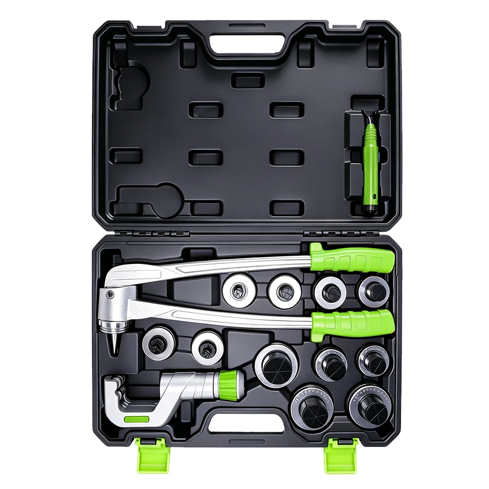 11PC Tube Expander Tool Set 3/8" to 1-1/8" 1 VIKTEC VT17378B professional brake pipe flaring tool kit with interchangeable dies, tube cutter and deburring tool for automotive brake line service.