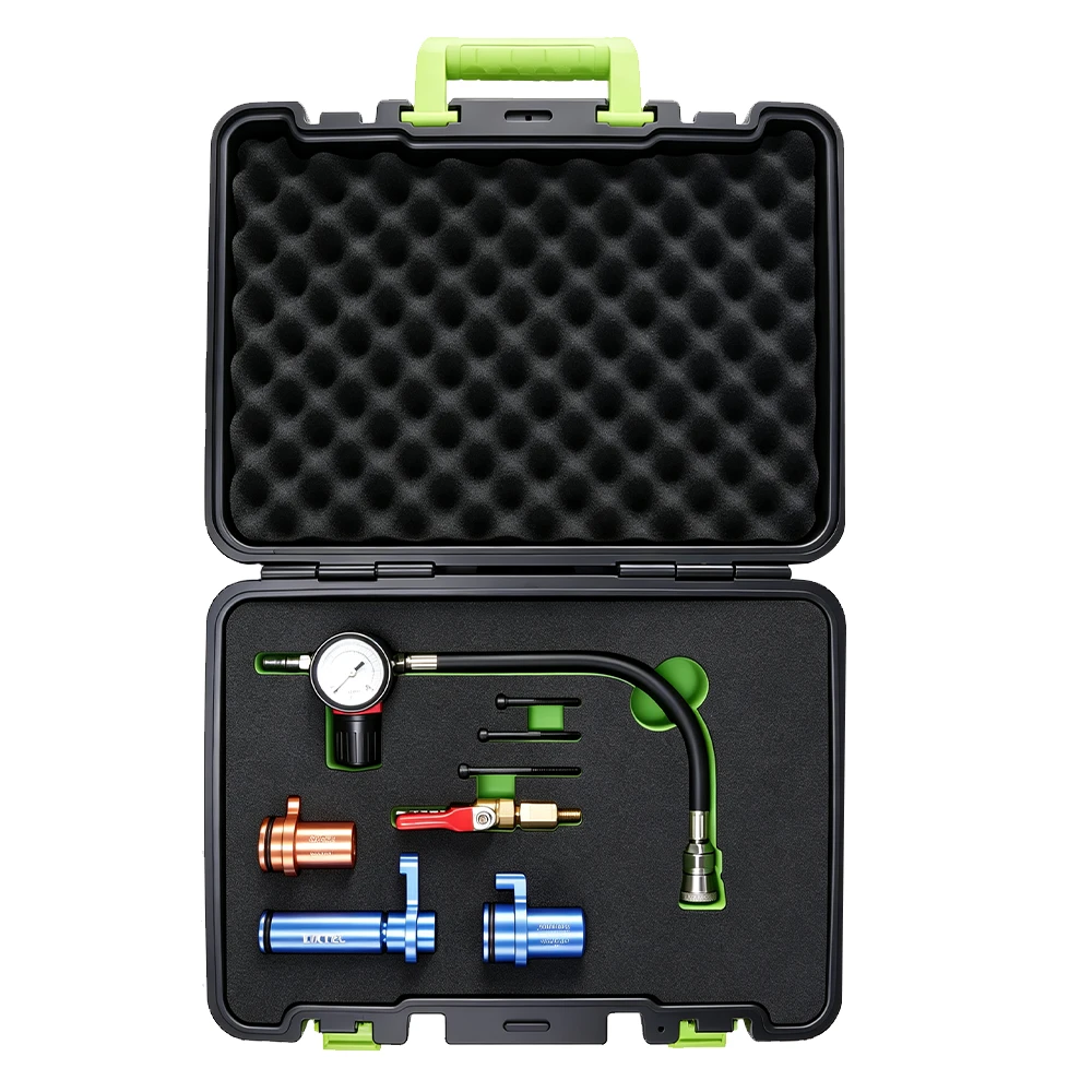 5PC Automatic Transmission Oil Discharge Tool Set for Mercedes-Benz & BMW 5 VIKTEC VT20120 turbo system pressure leak tester kit with pressure gauge, hose, valve and adapters for detecting leaks in automotive turbo and intake systems.