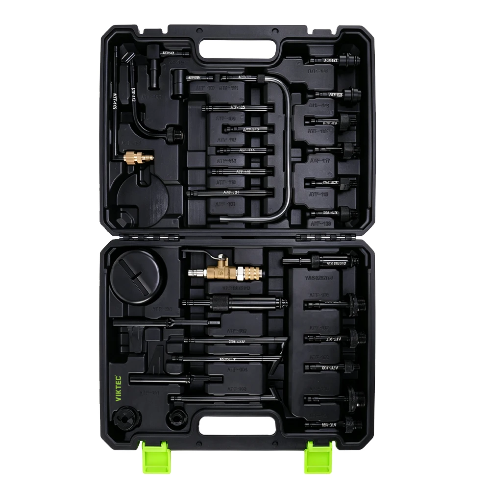 Juego de 32 adaptadores para llenado de líquido de transmisión ATF 5 Kit universal VIKTEC VT01294W2 de adaptadores para llenado de líquido de transmisión automática, con múltiples adaptadores ATF para el llenado de aceite de caja de cambios y mantenimiento de transmisiones.