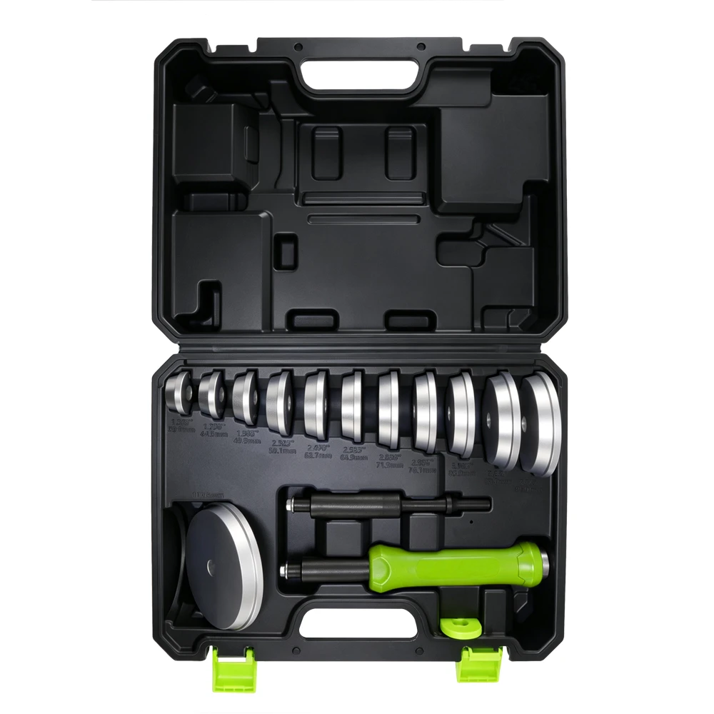 13PC Bearing Race and Seal Driver Set 39.8-117.5mm 6 VIKTEC VT18179E universal bearing race and seal driver kit with multiple size adapters for installing bearings, races and oil seals during automotive repair.