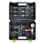VIKTEC VTS1002 automotive cooling system vacuum purge and coolant refill kit with vacuum gauge, hoses and universal radiator adapters.
