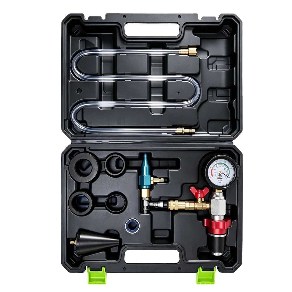 Universal Vacuum Coolant Refill Antifreeze Replacement Tool Kit 2 VIKTEC VTS1002 automotive cooling system vacuum purge and coolant refill kit with vacuum gauge, hoses and universal radiator adapters.
