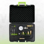 Universal diesel engine compression test kit with easy-read gauge, hose and assorted threaded adapters arranged in a foam-lined storage case