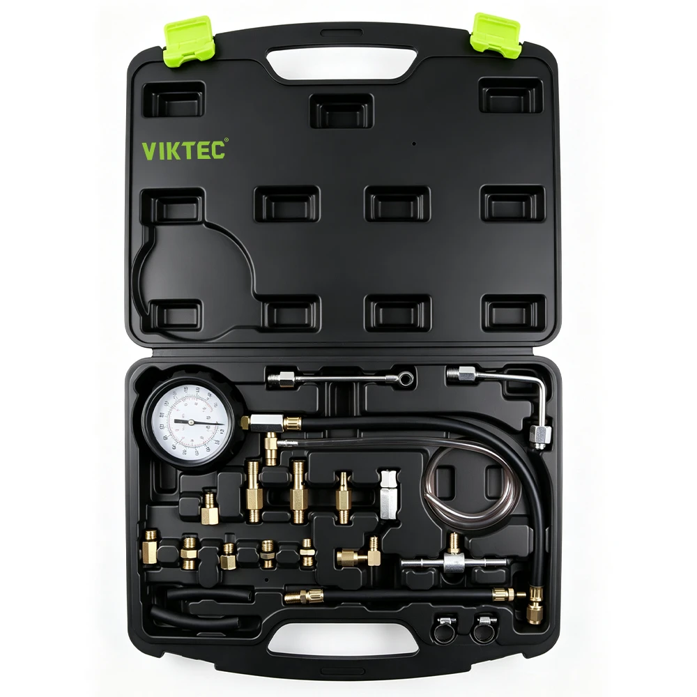 Kit comprobador de presión de inyección de combustible TU-114 para sistema de combustible automotriz 5 Kit universal de prueba de presión de inyección de combustible VIKTEC VT01328 con manómetro, mangueras y múltiples adaptadores para sistemas de combustible en maletín de transporte