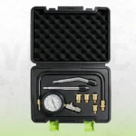 Universal petrol engine compression test kit with 0–300 PSI gauge, straight and angled connectors, flexible extension and M10, M12, M14 and M18 adapters in a foam-lined case