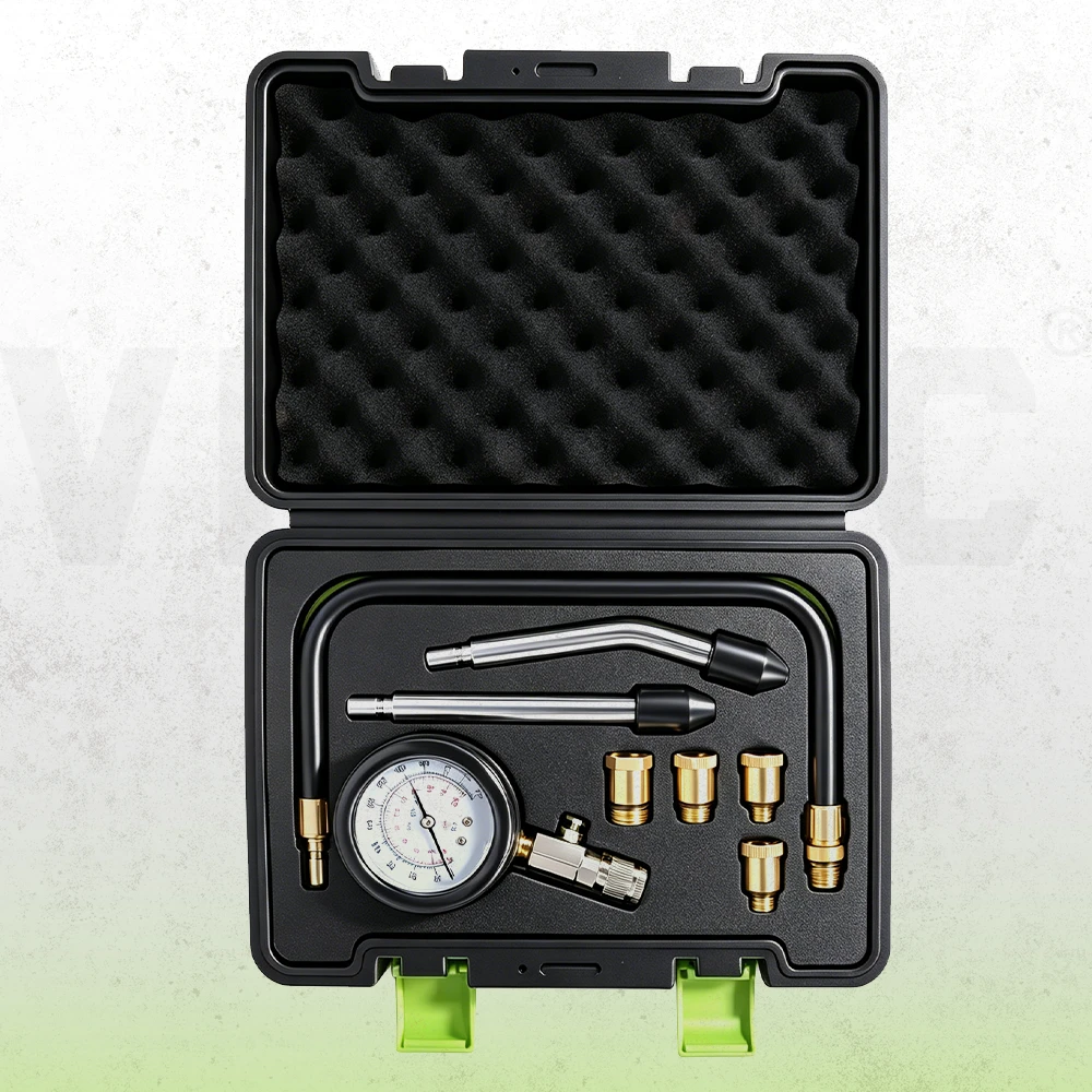 Universal petrol engine compression test kit with 0–300 PSI gauge, straight and angled connectors, flexible extension and M10, M12, M14 and M18 adapters in a foam-lined case