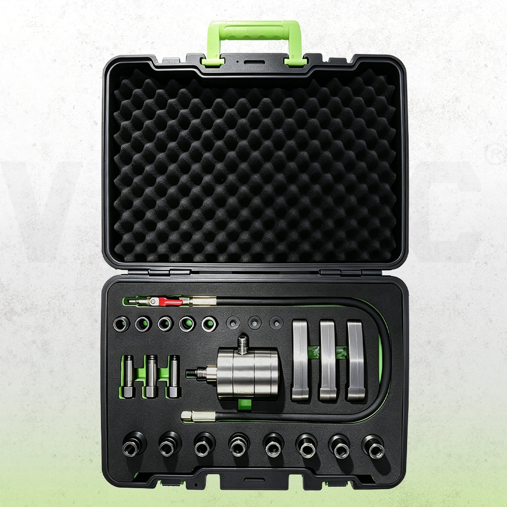 Universal pneumatic diesel fuel injector removal kit with puller body, air hose, multiple threaded adapters and three VM injector hooks in a foam-lined storage case