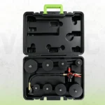 Universal turbo boost and cooling system leakage tester with dual gauges, shut-off valve, pressure release valve and stepped hose adapters in a storage case