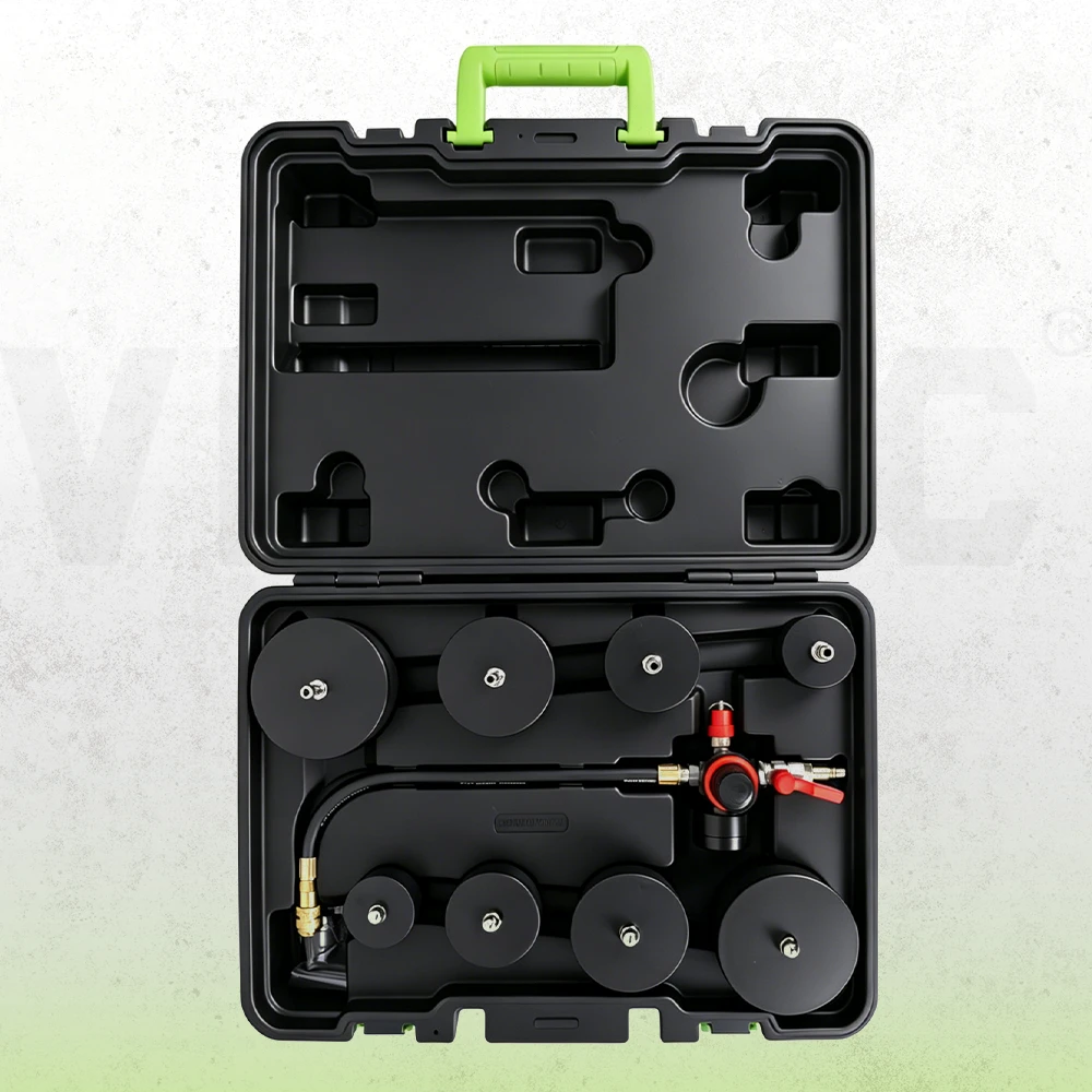 Universal turbo boost and cooling system leakage tester with dual gauges, shut-off valve, pressure release valve and stepped hose adapters in a storage case