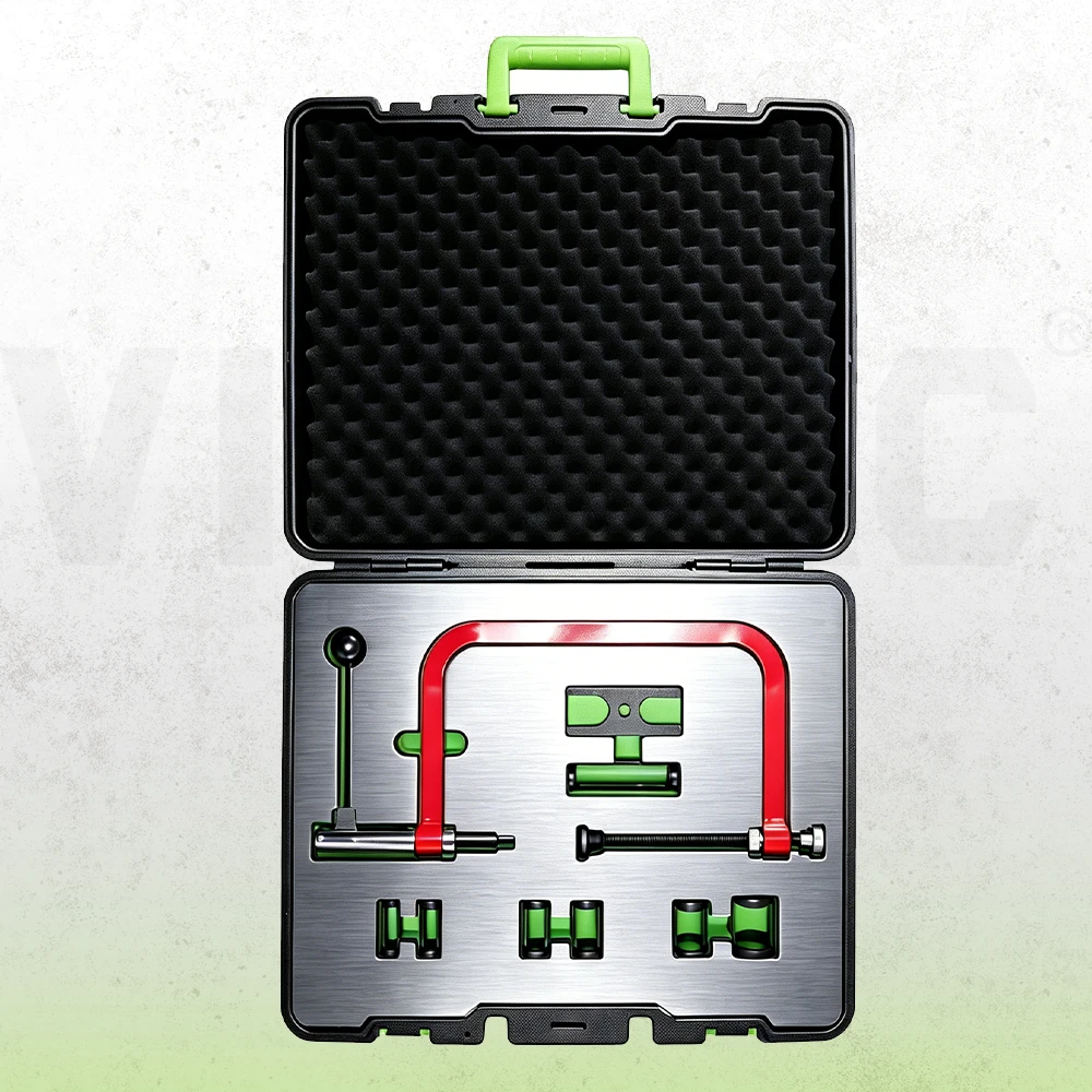 VIKTEC universal valve spring compressor tool set with C-frame compressor and interchangeable adapters for engine valve spring removal and installation