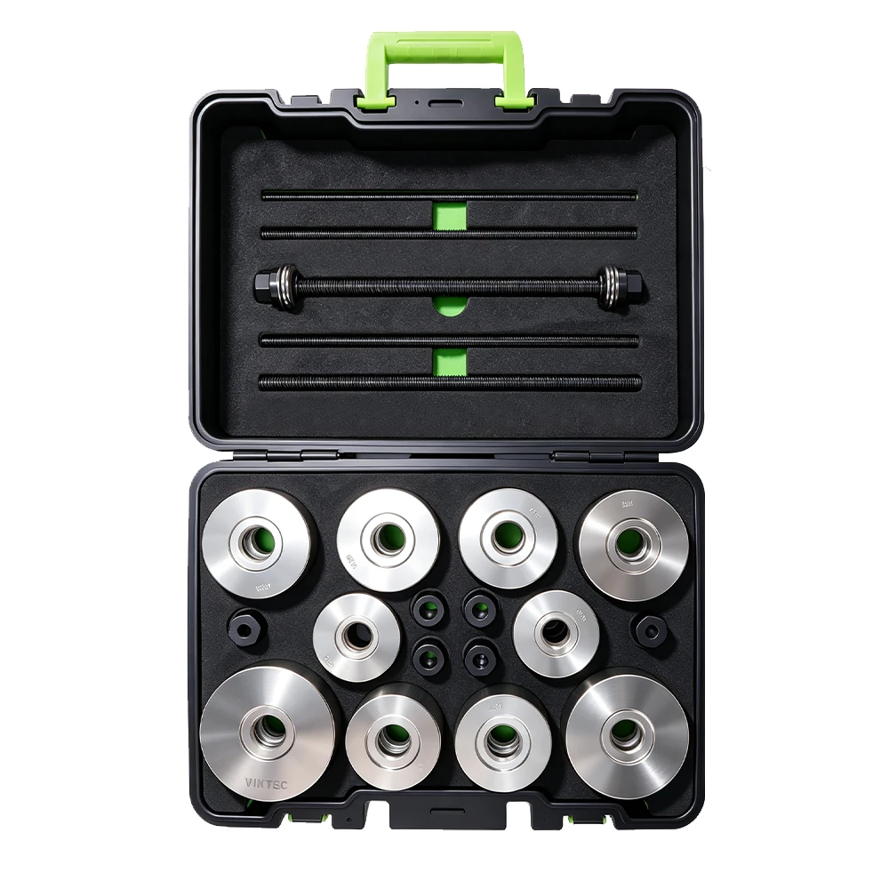 VIKTEC VT01357D universal wheel bearing removal and installation tool kit with press discs and threaded rods for automotive wheel bearing service.