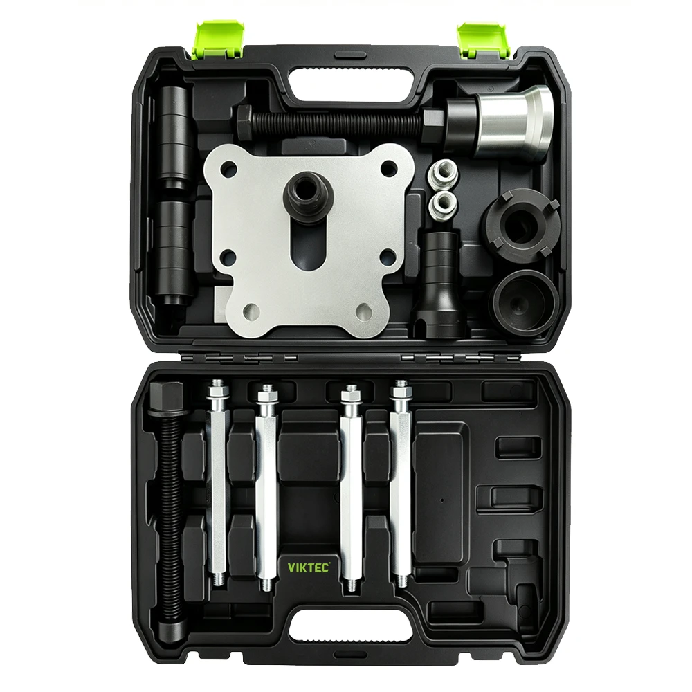 Conjunto universal de ferramentas extratoras de cubos de roda e rolamentos VIKTEC com parafusos de força, placa de suporte, adaptadores e hastes de extração para reparos automotivos