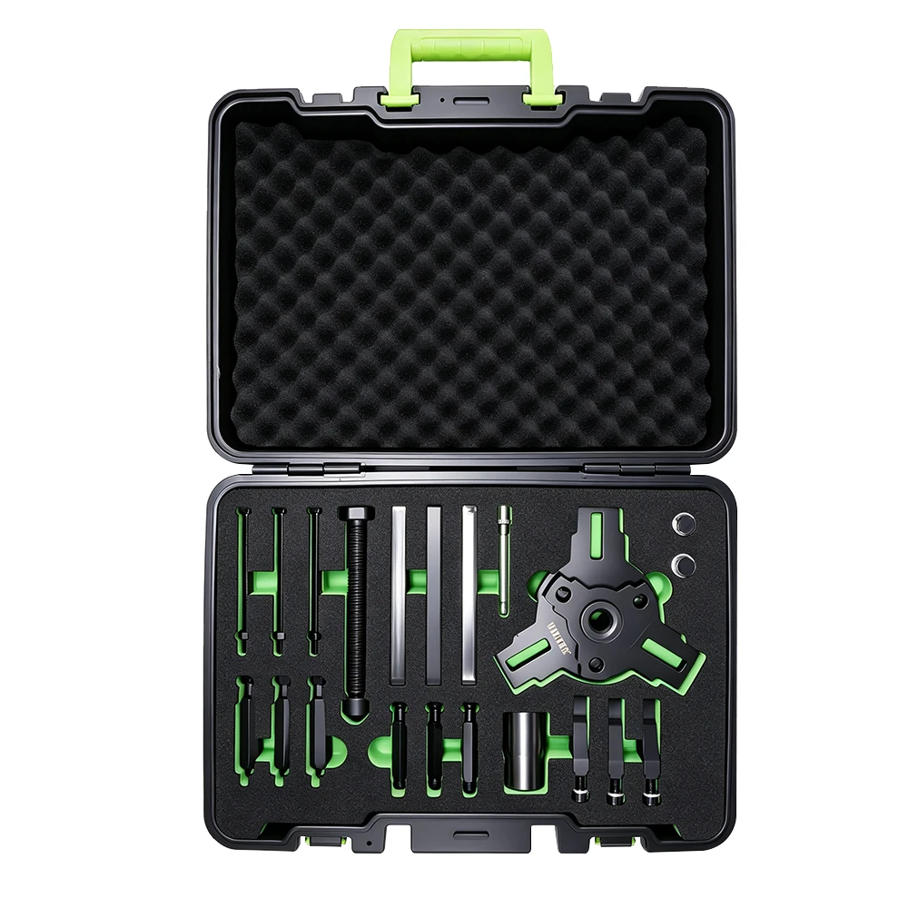 Universal 6 & 7-Speed Dry Dual Clutch Removal & Installation Tool Set 5 VIKTEC VT17385C universal wheel hub and flange puller kit with adjustable pulling plate, bolts and adapters for automotive hub removal.