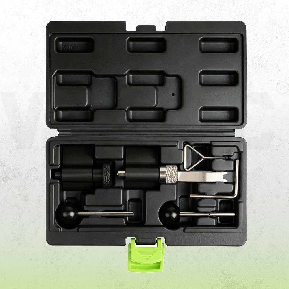 VT01581C VAG 1.2–2.0 TDI engine timing tool kit in an open case on a light textured background