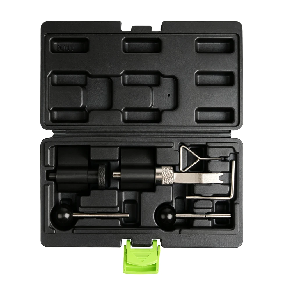 Juego 4 de herramientas de sincronización del motor VAG 1.2–2.0 TDI Kit de herramientas de sincronización para motor diésel VAG VT01581C mostrado en un estuche abierto de plástico moldeado por soplado sobre fondo blanco
