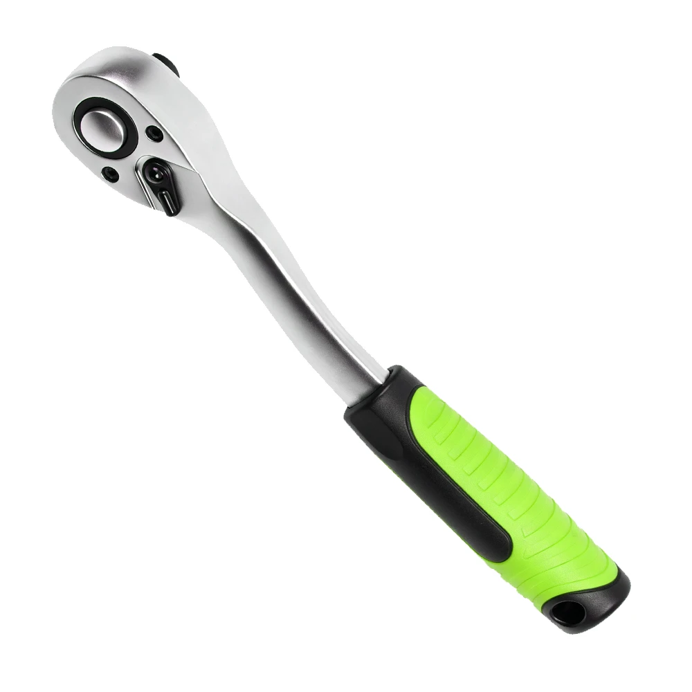 VIKTEC 1/4-inch drive reversible ratchet wrench with quick-release head and green-and-black non-slip comfort handle.
