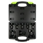 Open VIKTEC 10-piece motorcycle flywheel puller set with multiple threaded pullers for removing flywheels and magneto rotors.