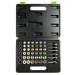 Open VIKTEC 114-piece oil drain plug thread repair kit with taps, replacement plugs and sealing washers arranged in a carrying case.