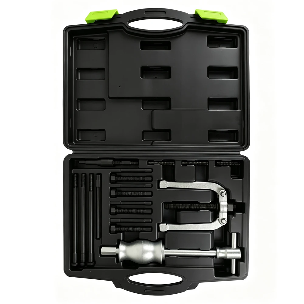 11PC Blind Hole Bearing Puller Set for Internal Bearing Removal 2 Open VIKTEC 11-piece blind hole internal bearing puller kit with slide hammer, two-jaw puller and extraction accessories in a molded case.