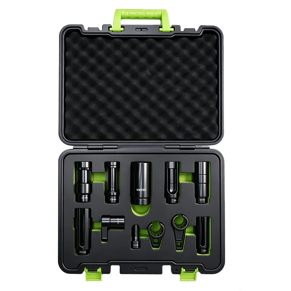 Open VIKTEC 11-piece oxygen sensor socket set with slotted sockets and specialty tools for removing and installing automotive oxygen sensors.