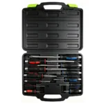 Open VIKTEC 12-piece heavy-duty screwdriver set with slotted and Phillips screwdrivers arranged in a molded carrying case.