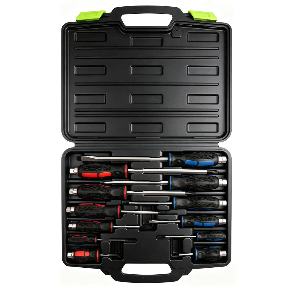 Open VIKTEC 12-piece heavy-duty screwdriver set with slotted and Phillips screwdrivers arranged in a molded carrying case.