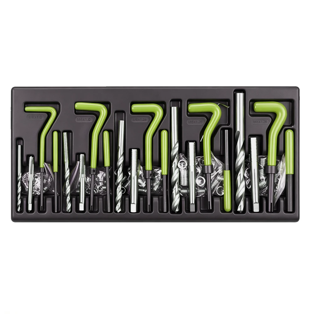 131PC M5-M12 Thread Repair Kit with Inserts 5 VIKTEC 131-piece M5 to M12 thread repair set with drill bits, taps, installation tools and threaded inserts in a metal storage case.