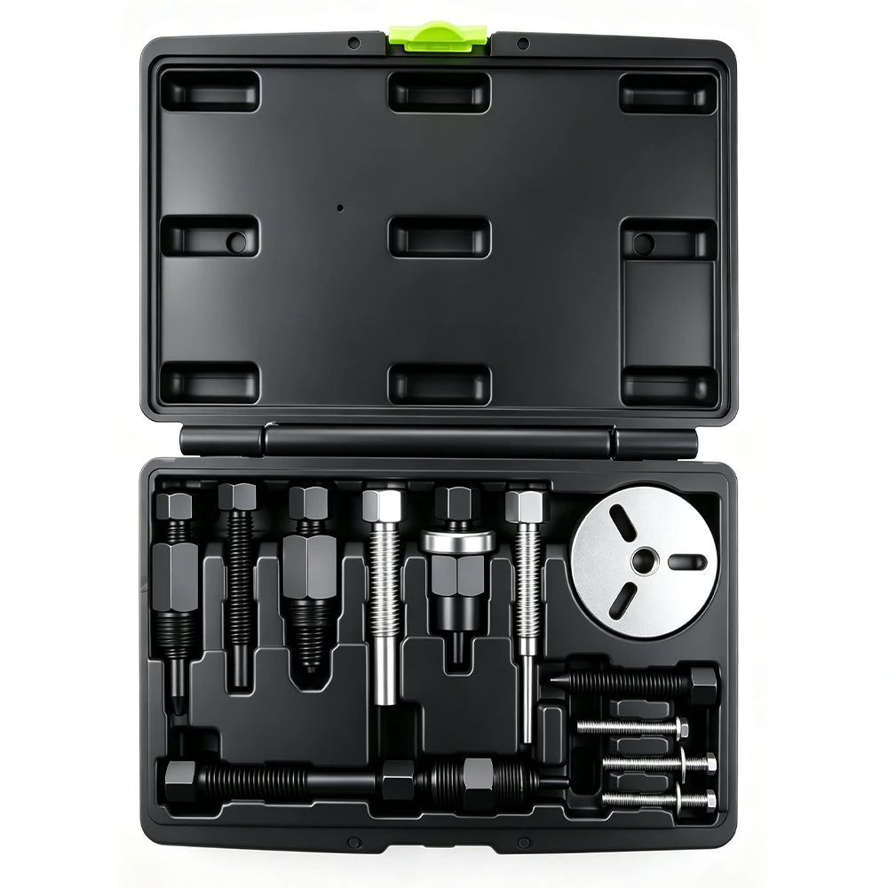 Kit de démontage et d’installation de roulement de compresseur de climatisation 13 pièces pour réparation automobile 1 Mallette ouverte VIKTEC contenant un jeu extracteur et installateur de moyeu d’embrayage de climatisation 13 pièces, avec outils d’extraction filetés, adaptateurs d’installation, plaque de moyeu, boulons et coffret de rangement.