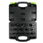 Open VIKTEC 15-piece 3/8-inch drive metric crowfoot wrench set with sizes from 8mm to 26mm in a molded carrying case.