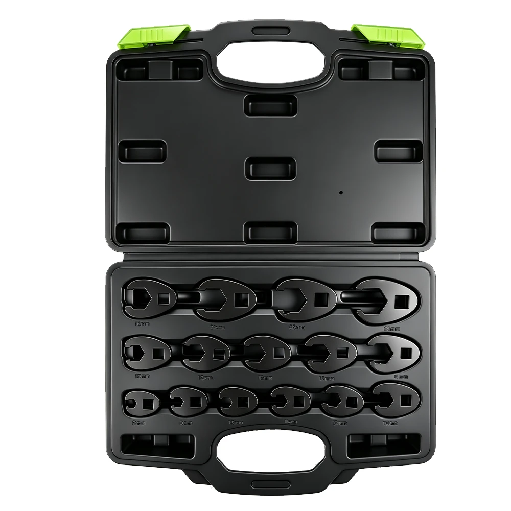 Open VIKTEC 15-piece 3/8-inch drive metric crowfoot wrench set with sizes from 8mm to 26mm in a molded carrying case.