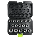 Open VIKTEC 16-piece 1/2-inch drive metric gear lock socket set with sizes from 8mm to 24mm in a compact molded case.