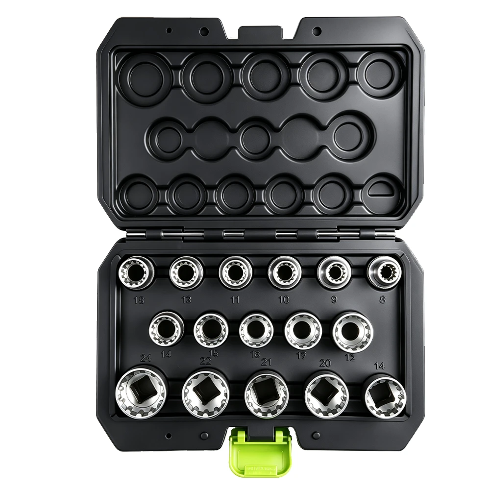 Open VIKTEC 16-piece 1/2-inch drive metric gear lock socket set with sizes from 8mm to 24mm in a compact molded case.