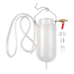 VIKTEC 1-liter auxiliary gasoline tank with clear fuel hose, shut-off valve and hanging bracket for motorcycle carburetor tuning and fuel system service.