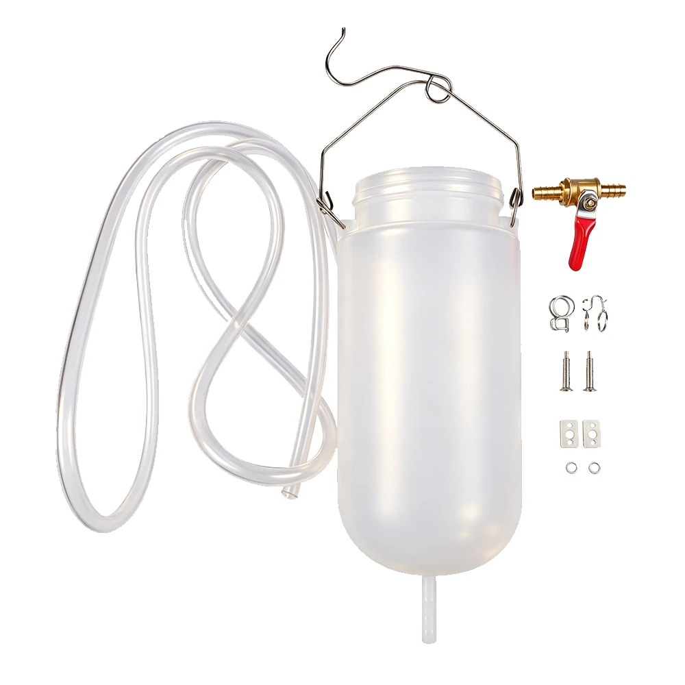 1L Motorcycle Carburetor Fuel Supply Tank 1 VIKTEC 1-liter auxiliary gasoline tank with clear fuel hose, shut-off valve and hanging bracket for motorcycle carburetor tuning and fuel system service.