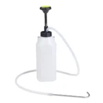 VIKTEC 1-liter manual fluid transfer pump with translucent container, flexible hose and hooked metal delivery nozzle.