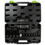 Open VIKTEC 24PC diesel injector master puller kit with slide hammer, slotted injector sockets, threaded adaptors and extraction accessories.