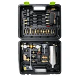Open VIKTEC 3-in-1 non-dismantle fuel system and gasoline injector cleaning kit with pressure gauges, hoses, adapters and fluid canister.