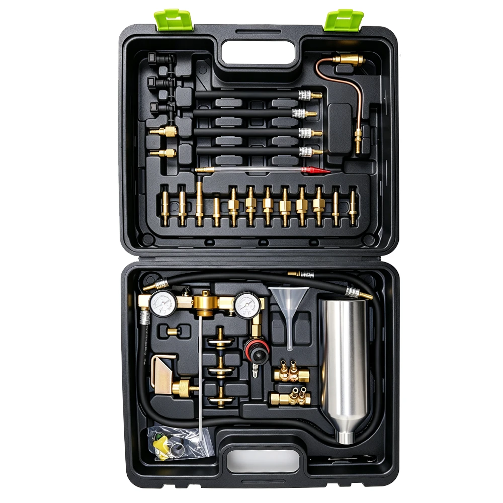 Universal Non-Dismantle Fuel System Cleaning Kit 6 Open VIKTEC 3-in-1 non-dismantle fuel system and gasoline injector cleaning kit with pressure gauges, hoses, adapters and fluid canister.