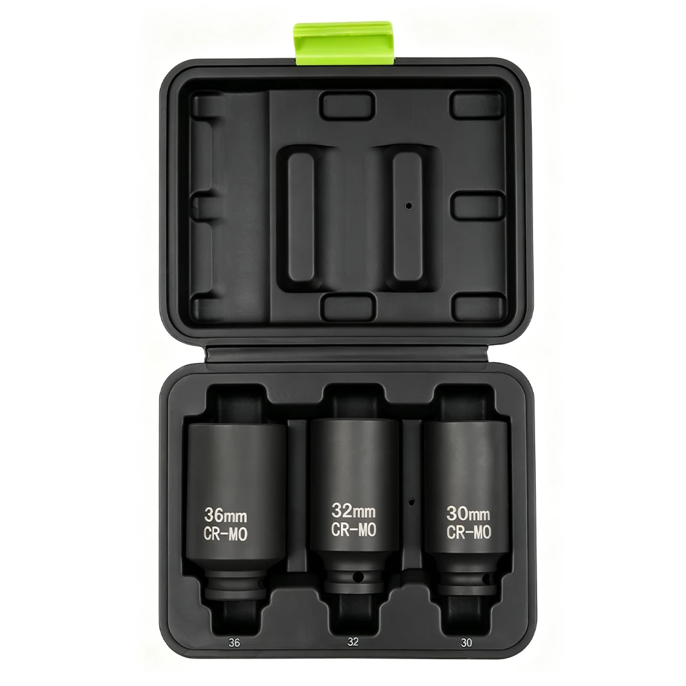 Open VIKTEC 3-piece 1/2-inch drive hub nut impact socket set with 30mm, 32mm and 36mm CR-MO deep sockets.