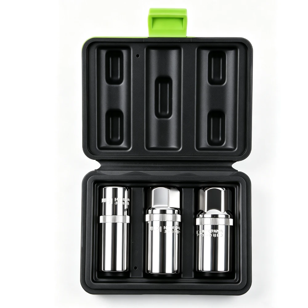Magnetic Spark Plug Socket Set 1/2" Drive 16mm 18mm 21mm 3 Open VIKTEC 3-piece 1/2-inch drive magnetic spark plug socket set with 16mm, 18mm and 21mm deep sockets.
