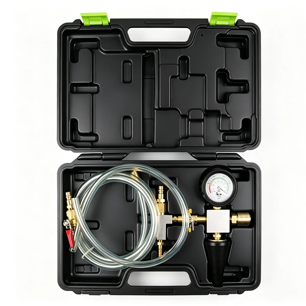 Open VIKTEC 3-piece vacuum cooling system refill kit with pressure gauge, clear hoses and tapered radiator adaptor for refilling automotive cooling systems.