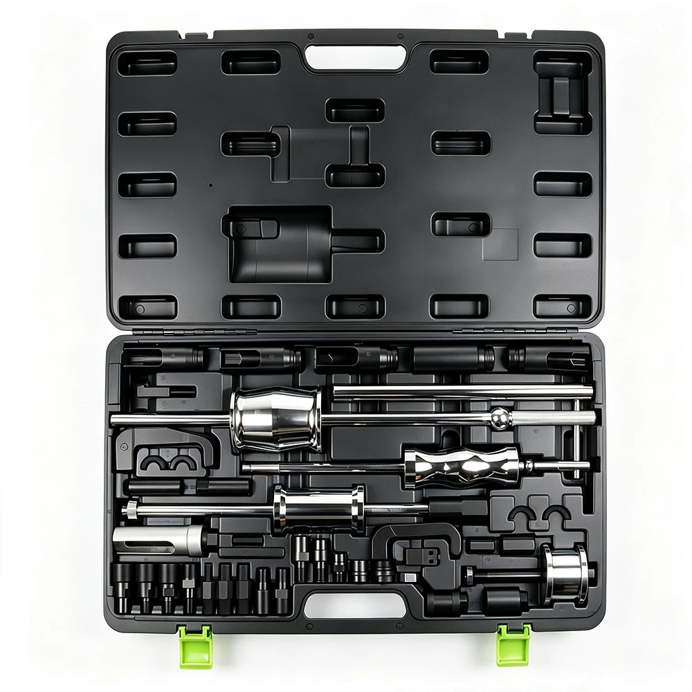 Open VIKTEC 40PC master diesel injector extractor kit with three slide hammers, slotted sockets, pulling claws and multiple threaded adaptors.