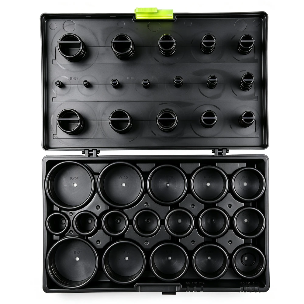 Open VIKTEC 419-piece O-ring assortment with multiple sizes organized in a compartmented plastic storage case.