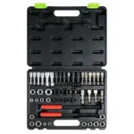 Open VIKTEC 49-piece SAE and metric thread restorer kit with thread chasers, dies and handles arranged in a molded carrying case.