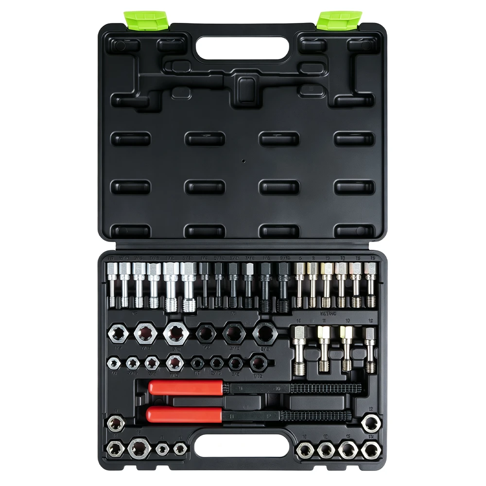 49PC SAE Metric Thread Restorer Kit 3 Open VIKTEC 49-piece SAE and metric thread restorer kit with thread chasers, dies and handles arranged in a molded carrying case.